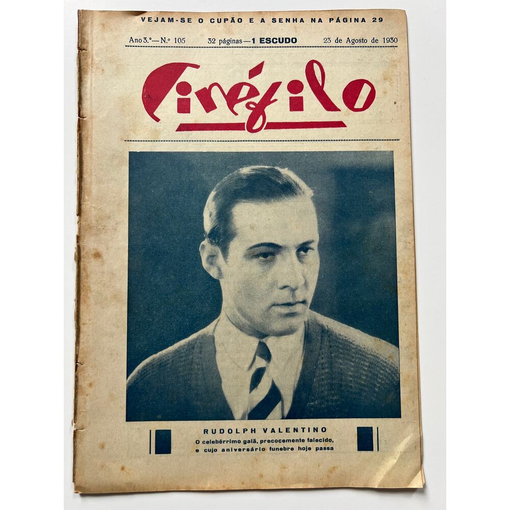 Rare 1930 Portuguese Rudolph Valentino Magazine Cinefilo Hollywood, Cobra, Sheik